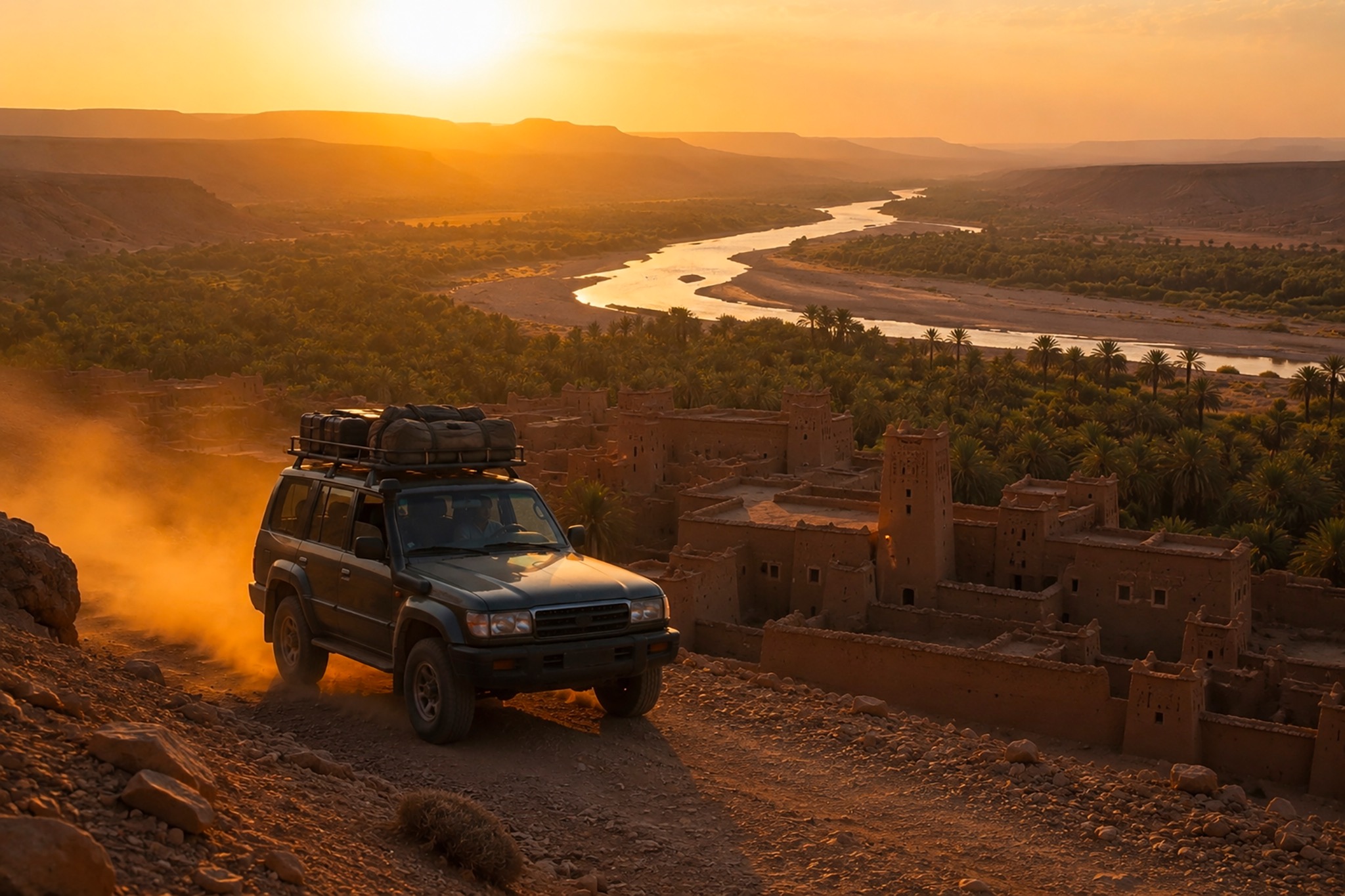 Fuoristrada su una pista sterrata sopra una valle con kasbah di terra, palmeto e fiume