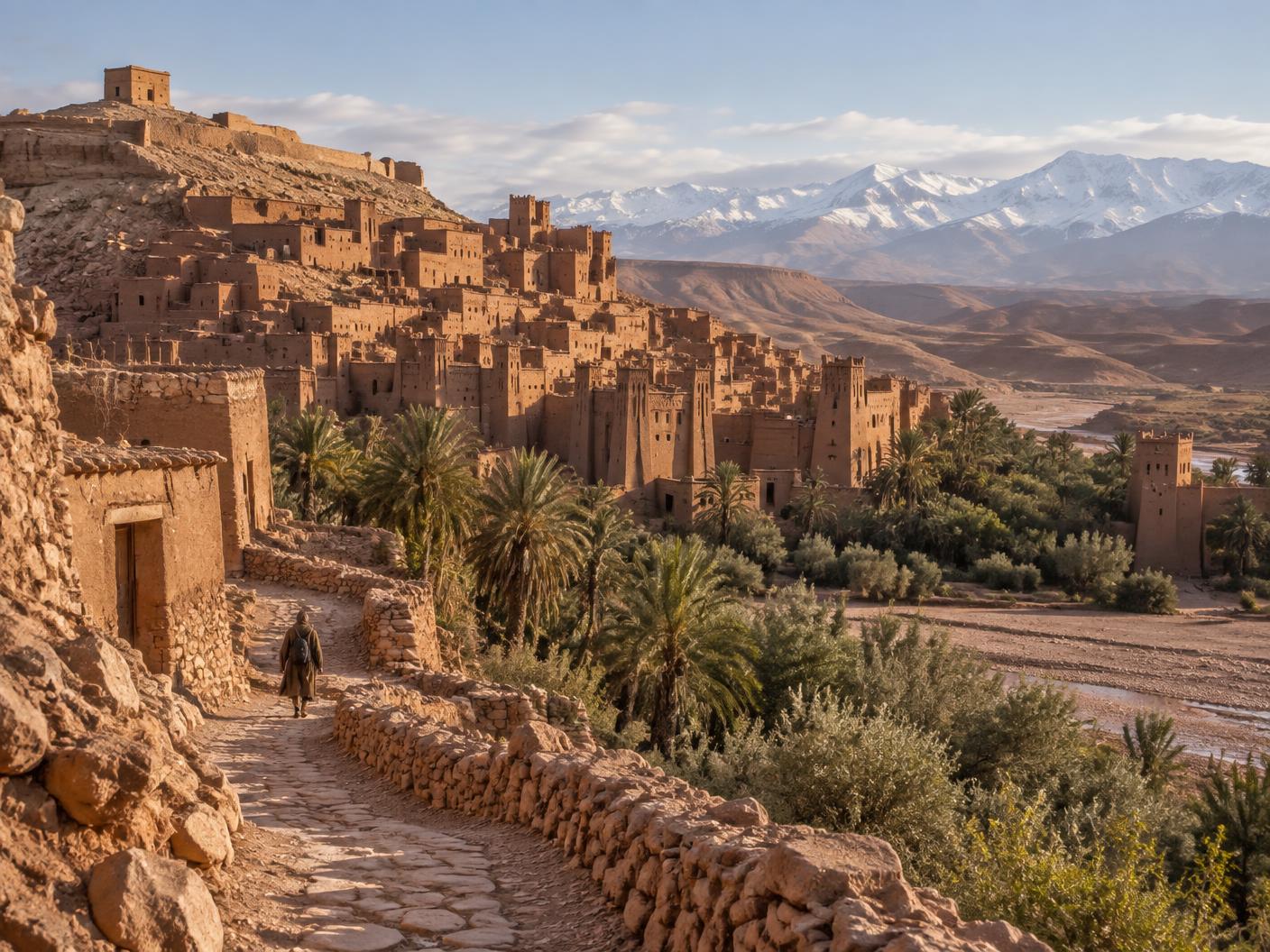 Lo ksar di Aït Ben Haddou con il palmeto e le cime innevate dell’Atlante